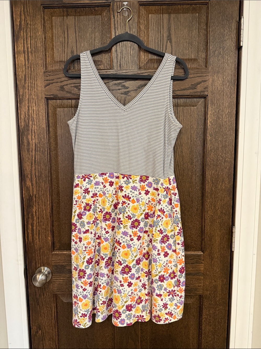 Pact Gray White Striped V-Neck Tank Dress with Yellow & Purple Floral Skirt XL